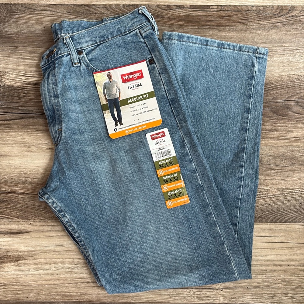 Wrangler Light Blue Jean Regular Fit Flex Denim Jeans 34 Waist 34x30 Stretch New